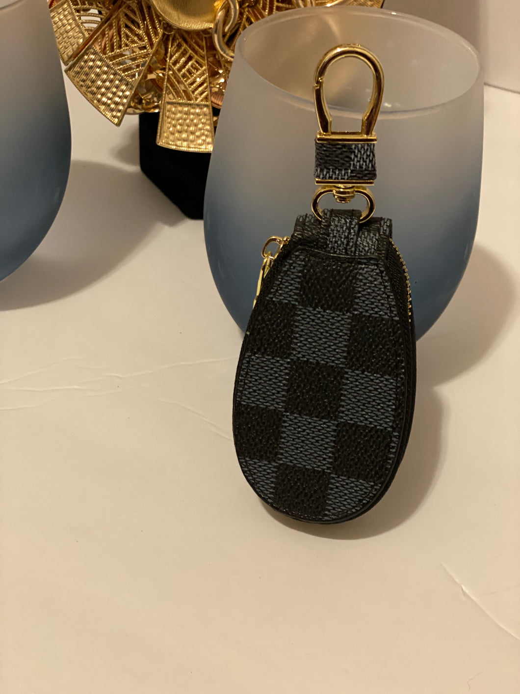 LV Black and Blue checkered zippered keychain